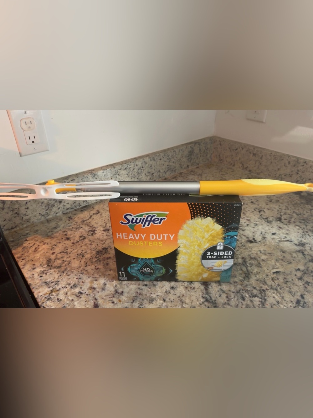 Swiffer Heavy Duty Dusters in Yellow and Orange Packaging and 6 foot extender